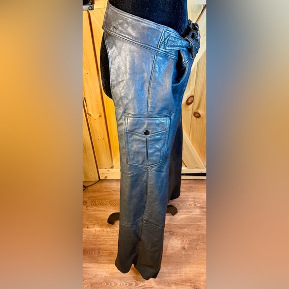 Vtg Hein Gericke Black Leather Motorcycle Chaps With Pockets Adjustable Belt XL? - Picture 5 of 13
